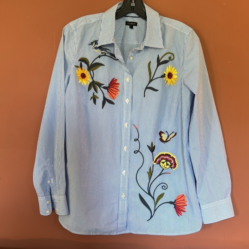 Talbots Shirt Blue Stripe Oxford Embroidered Bird Sunflower Button size small